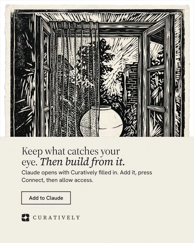 Instagram portrait post for Curatively: "Keep what catches your eye. Then build from it." Editorial style, bottom layout, light palette in yellow, black, grey.