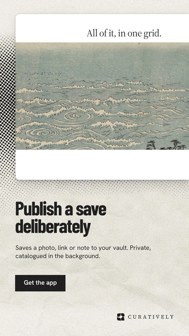 Instagram story for Curatively: "Publish a save deliberately". Ink sticker style, bottom layout, light palette in grey, white, yellow.