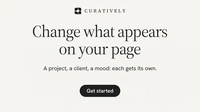 Landscape graphic for Curatively: "Change what appears on your page". Data card style, centred layout, light palette in white, grey.