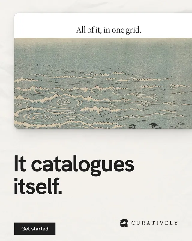 Instagram portrait post for Curatively: "It catalogues itself." Swiss style, bottom layout, light palette in grey, white.