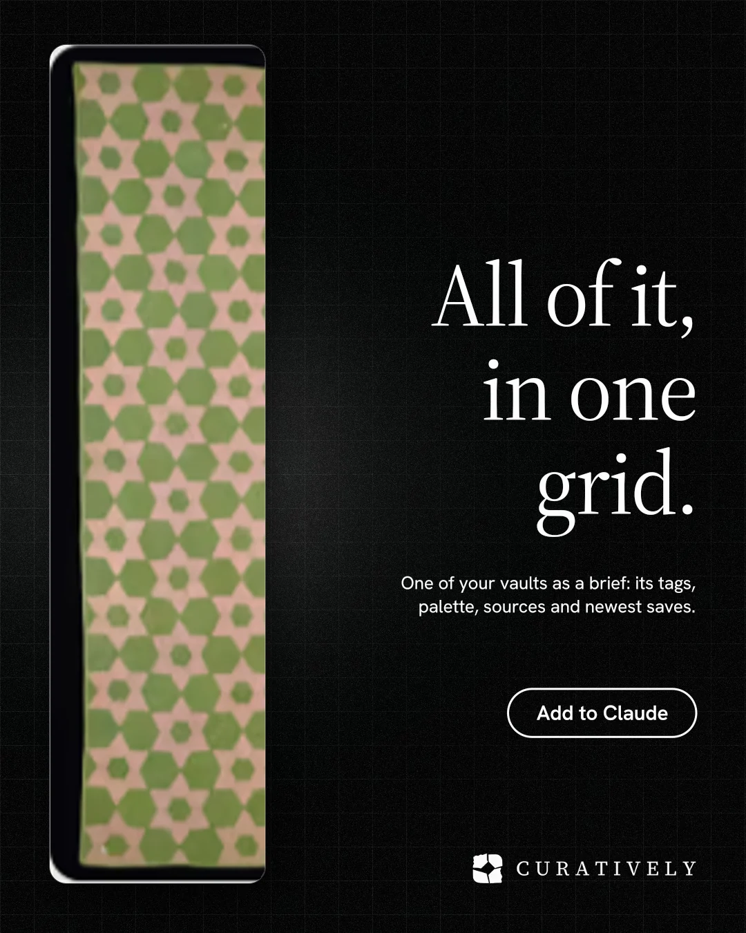 Instagram portrait post for Curatively: "All of it, in one grid." Phosphor atlas style, right layout, dark palette in black, grey.