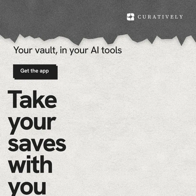Instagram post for Curatively: "Take your saves with you". Paper trio style, oversized layout, light palette in white, grey.