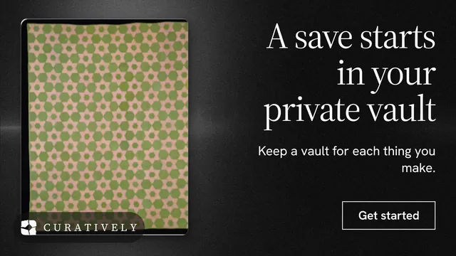 Landscape graphic for Curatively: "A save starts in your private vault". Dark deco style, right layout, dark palette in yellow, black, grey.