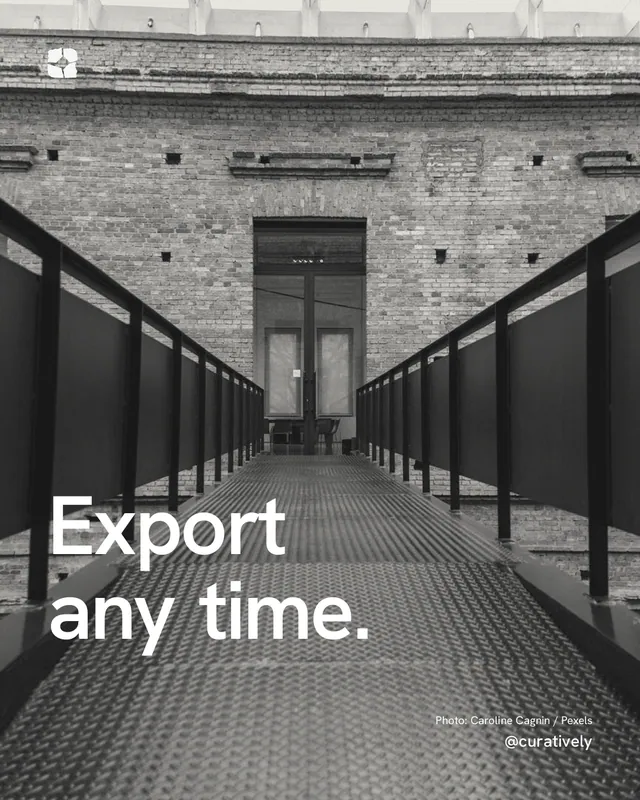 Instagram portrait post for Curatively: "Export any time." Duotone style, technique:pexels ingredient layout, dark palette in black, grey.