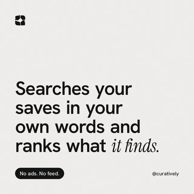 Instagram post for Curatively: "Searches your saves in your own words and ranks what it finds." Caption style, technique:mixed type lockup layout, light palette in white, grey.
