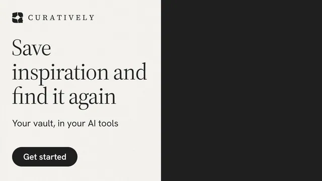 Landscape graphic for Curatively: "Save inspiration and find it again". Data card style, bottom layout, light palette in black, white, grey.