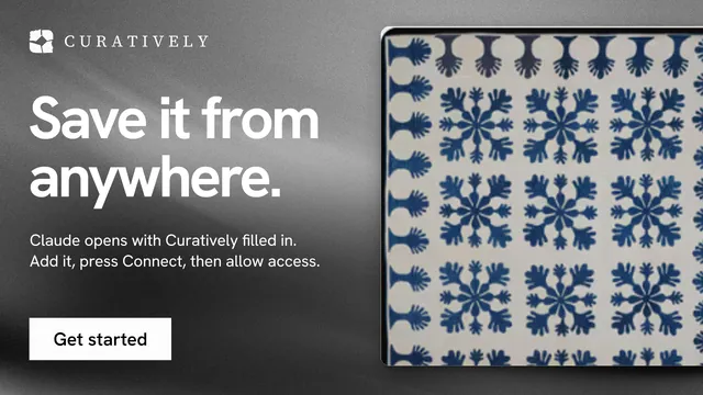 Landscape graphic for Curatively: "Save it from anywhere." Swiss style, bottom layout, light palette in black, grey.