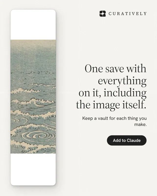 Instagram portrait post for Curatively: "One save with everything on it, including the image itself." Data card style, right layout, light palette in white, grey.