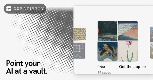 Social ad for Curatively: "Point your AI at a vault." Swiss style, image led layout, light palette in white, grey.