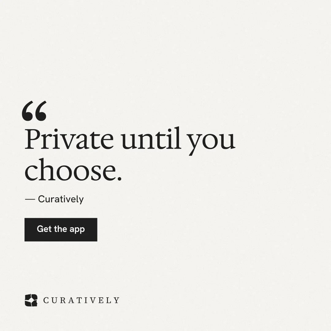 Instagram post for Curatively: "Private until you choose." Swiss style, quote layout, light palette in white.