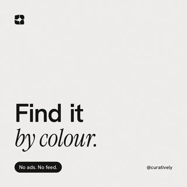 Instagram post for Curatively: "Find it by colour." Caption style, technique:mixed type lockup layout, light palette in white, grey.