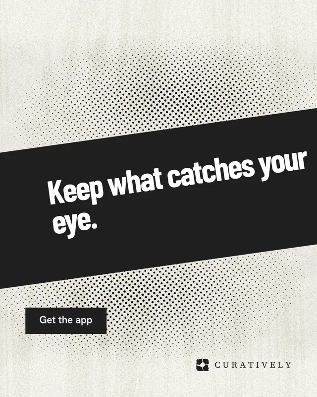 Instagram portrait post for Curatively: "Keep what catches your eye." Ink sticker style, diagonal layout, light palette in orange, white, black.