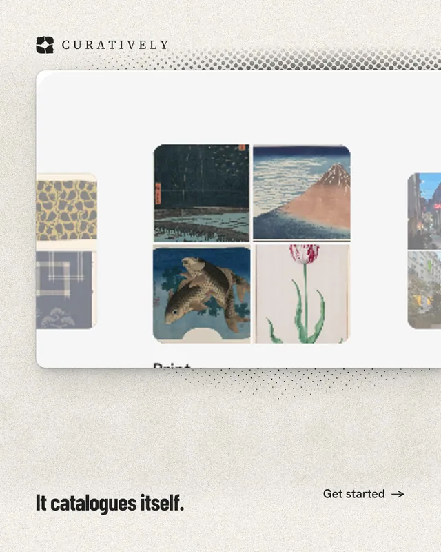 Instagram portrait post for Curatively: "It catalogues itself." Ink sticker style, image led layout, light palette in white, grey, yellow.