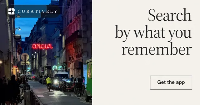 Social ad for Curatively: "Search by what you remember". Editorial style, right layout, light palette in white, purple, grey.