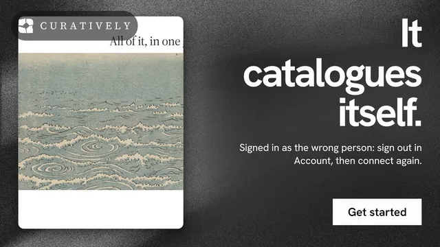 Landscape graphic for Curatively: "It catalogues itself." Swiss style, right layout, dark palette in grey, black.