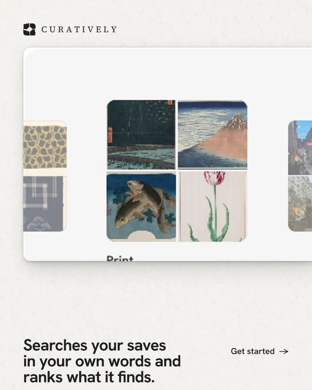 Instagram portrait post for Curatively: "Searches your saves in your own words and ranks what it finds." Swiss style, image led layout, light palette in white, grey.