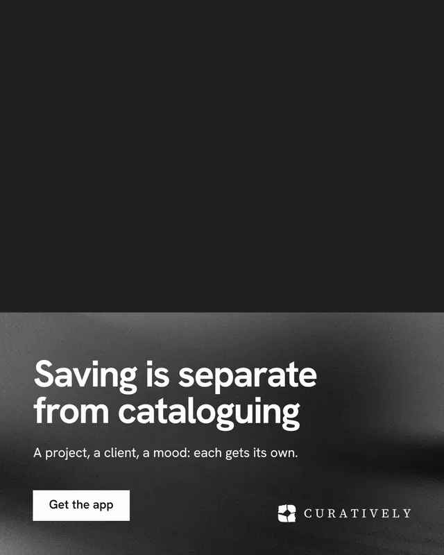 Instagram portrait post for Curatively: "Saving is separate from cataloguing". Swiss style, bottom layout, dark palette in black, grey.