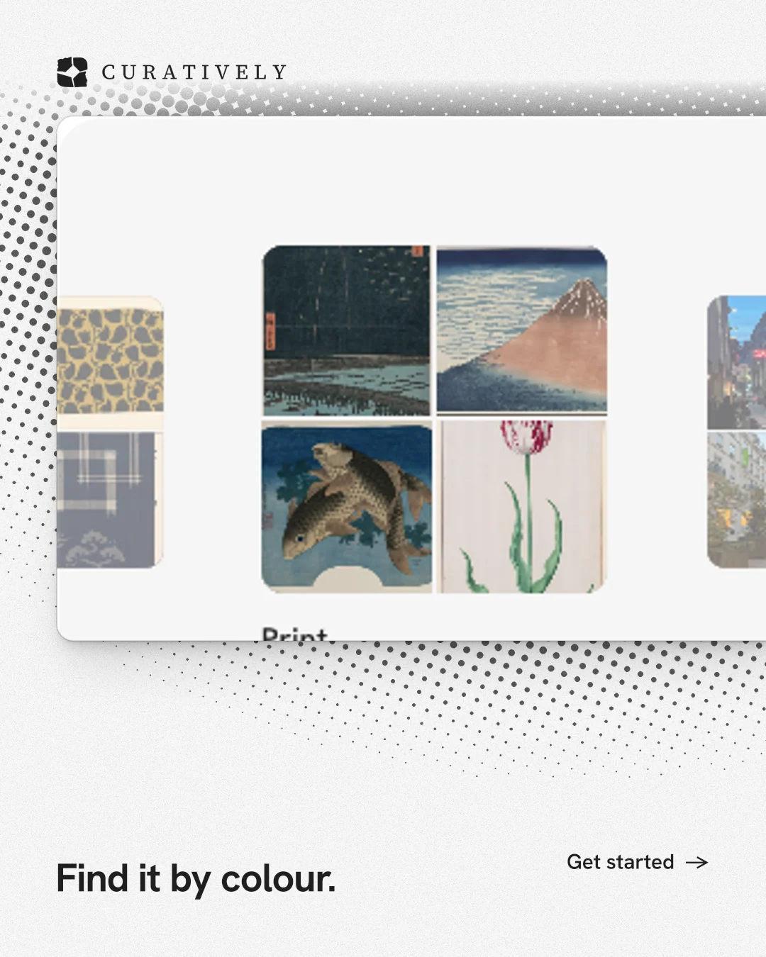 Instagram portrait post for Curatively: "Find it by colour." Swiss style, image led layout, light palette in white, grey.