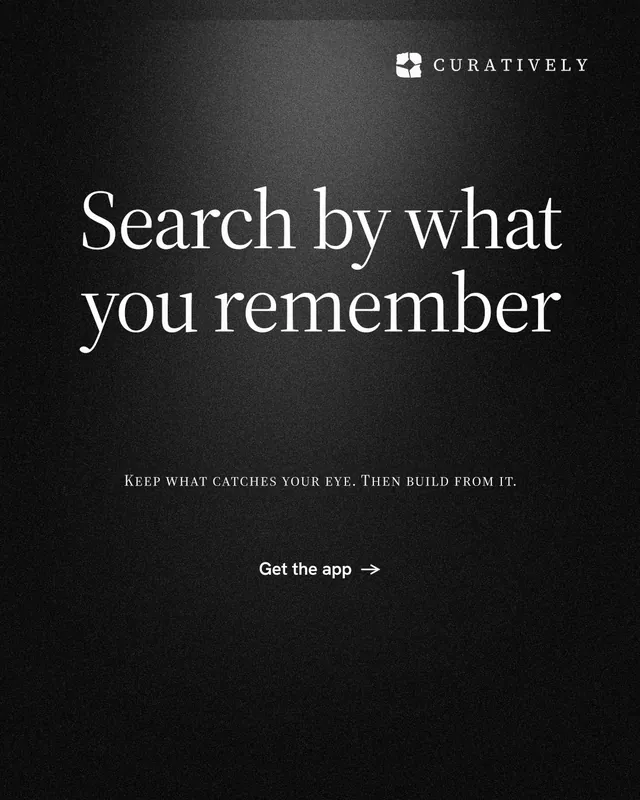 Instagram portrait post for Curatively: "Search by what you remember". Dark deco style, smallcaps layout, dark palette in black, grey.