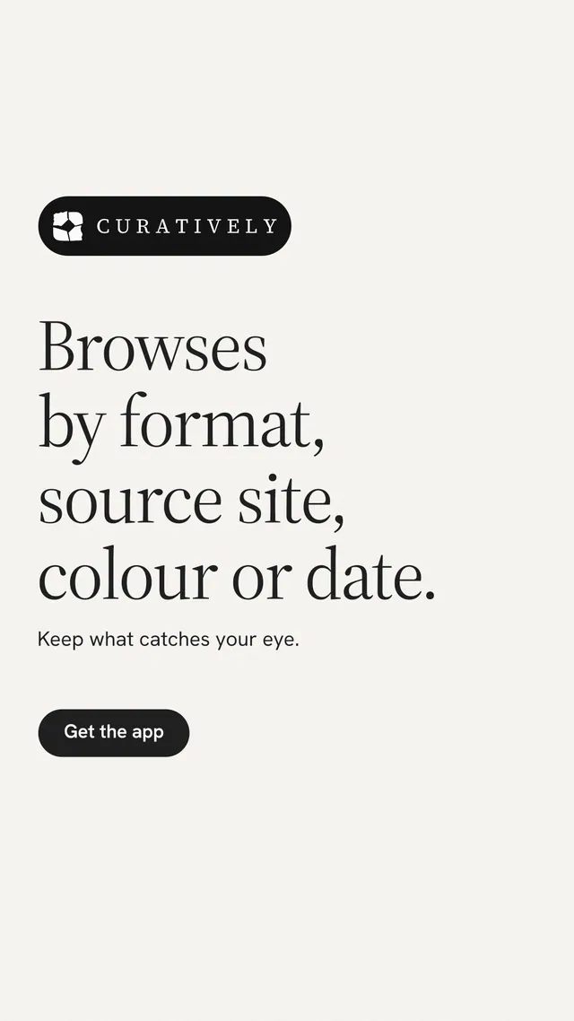 Instagram story for Curatively: "Browses by format, source site, colour or date." Data card style, announce layout, light palette in white, grey.