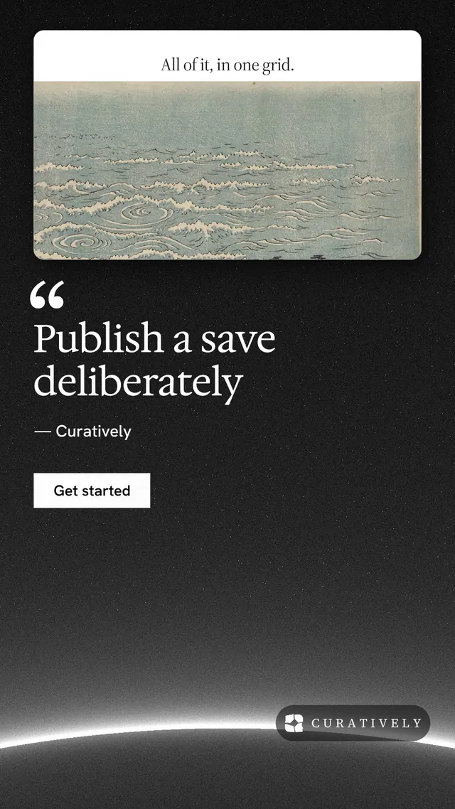 Instagram story for Curatively: "Publish a save deliberately". Swiss style, quote layout, dark palette in black, grey.