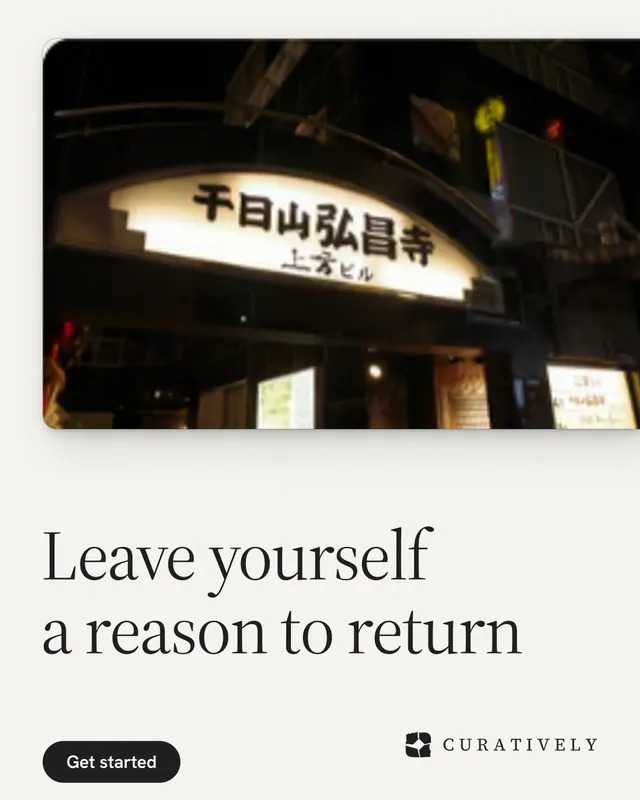 Instagram portrait post for Curatively: "Leave yourself a reason to return". Data card style, bottom layout, light palette in black, white, grey.