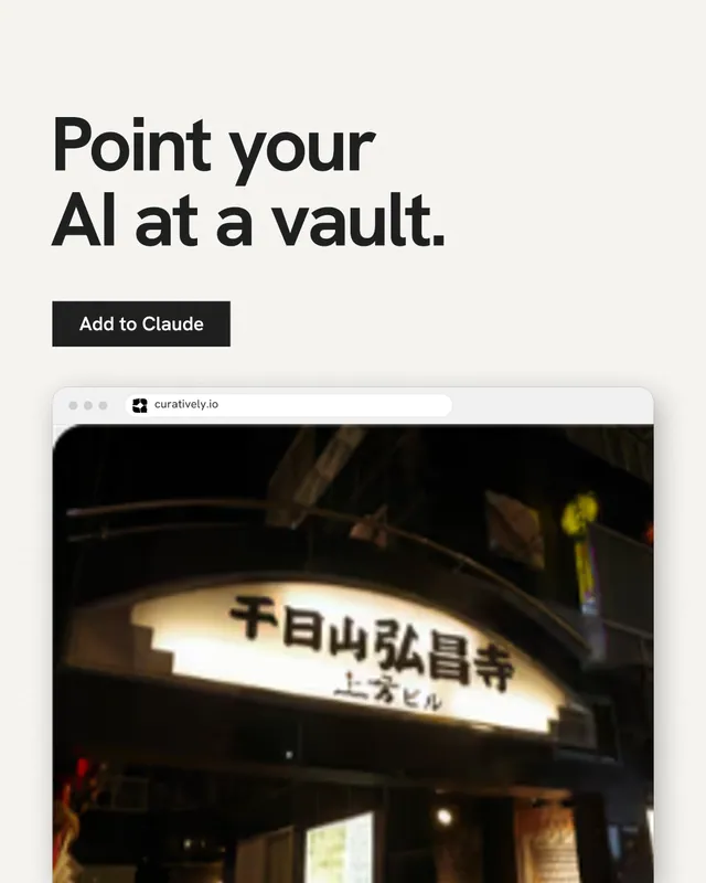 Instagram portrait post for Curatively: "Point your AI at a vault." Swiss style, browser layout, light palette in white, black, yellow.