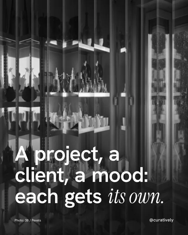 Instagram portrait post for Curatively: "A project, a client, a mood: each gets its own." Photo style, technique:fluted glass layout, dark palette in black, grey.