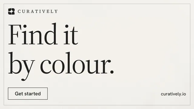 Landscape graphic for Curatively: "Find it by colour." Editorial style, poster layout, light palette in white.