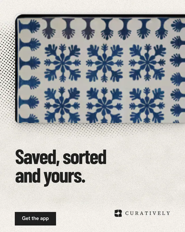 Instagram portrait post for Curatively: "Saved, sorted and yours." Ink sticker style, bottom layout, light palette in grey, yellow, white.