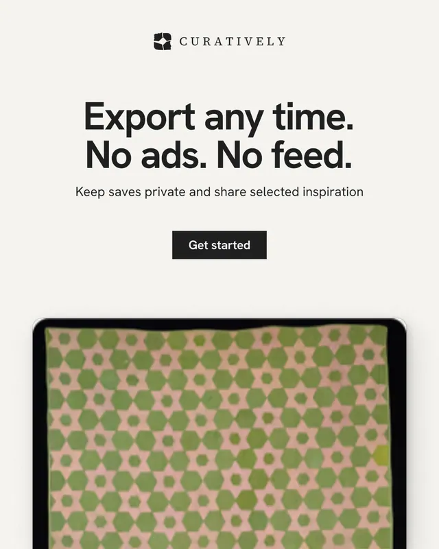 Instagram portrait post for Curatively: "Export any time. No ads. No feed." Swiss style, centred layout, light palette in white, grey, orange.