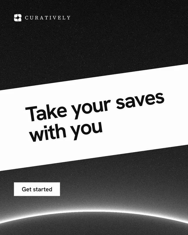 Instagram portrait post for Curatively: "Take your saves with you". Swiss style, diagonal layout, light palette in white, black, grey.