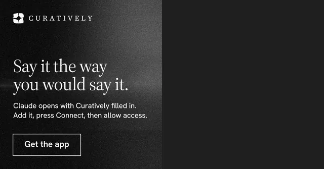 Social ad for Curatively: "Say it the way you would say it." Dark deco style, bottom layout, dark palette in black, grey.