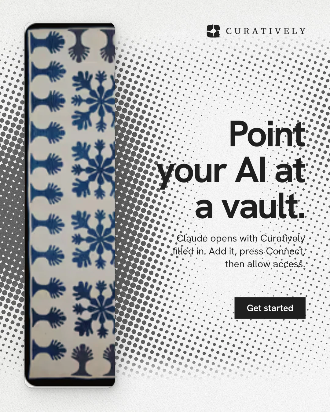 Instagram portrait post for Curatively: "Point your AI at a vault." Swiss style, right layout, light palette in grey, white.