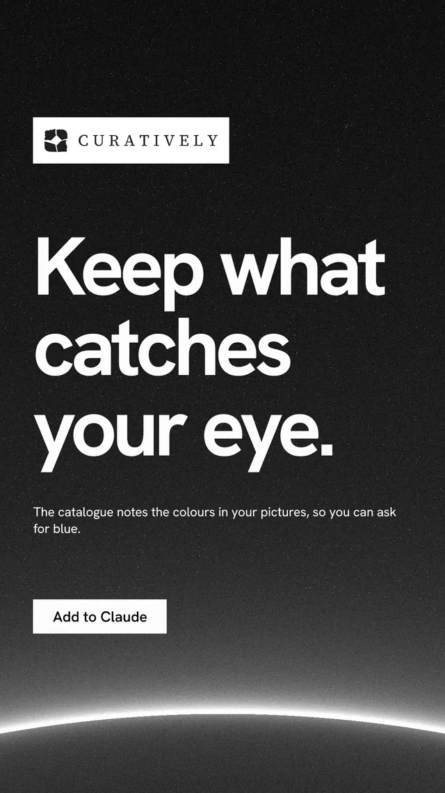 Instagram story for Curatively: "Keep what catches your eye." Swiss style, announce layout, dark palette in black, grey.