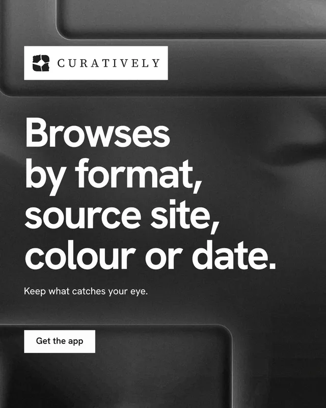 Instagram portrait post for Curatively: "Browses by format, source site, colour or date." Swiss style, announce layout, dark palette in grey, black.