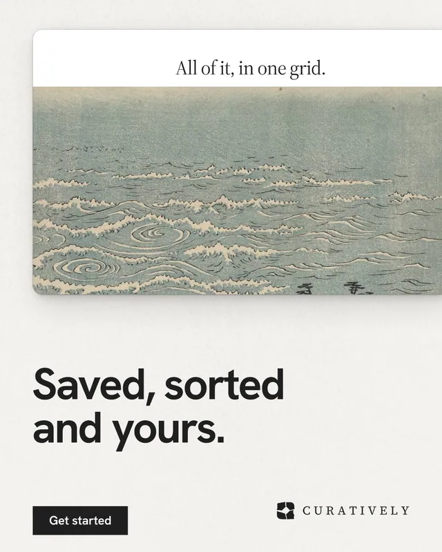 Instagram portrait post for Curatively: "Saved, sorted and yours." Swiss style, bottom layout, light palette in grey, white.