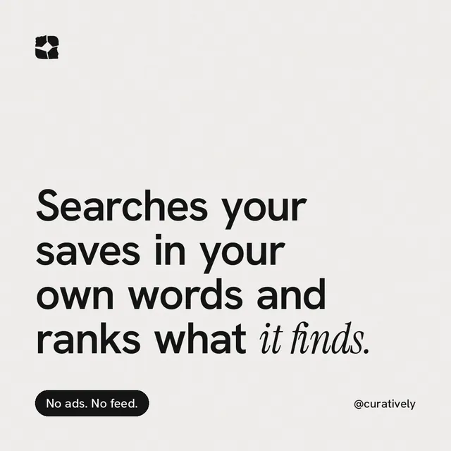 Instagram post for Curatively: "Searches your saves in your own words and ranks what it finds." Caption style, technique:mixed type lockup layout, light palette in white, grey.