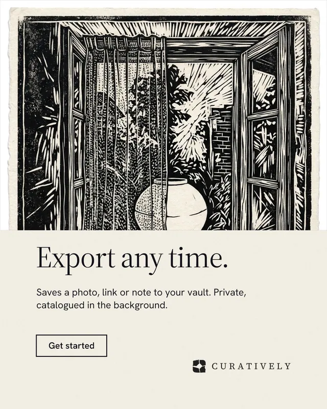 Instagram portrait post for Curatively: "Export any time." Editorial style, bottom layout, light palette in yellow, black, grey.