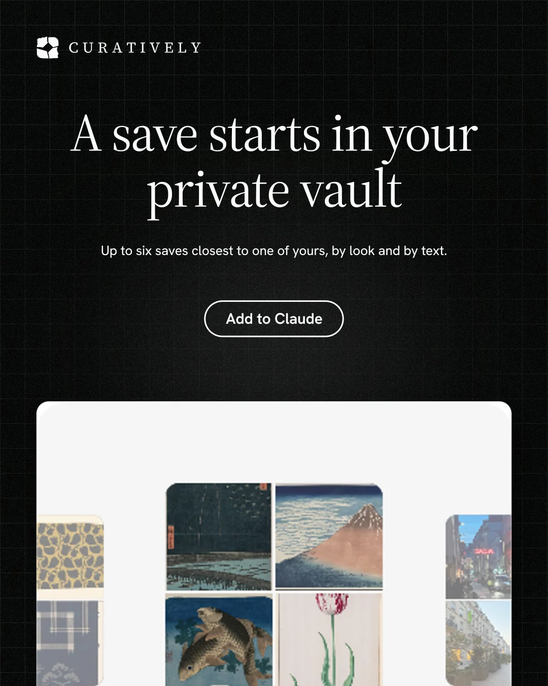 Instagram portrait post for Curatively: "A save starts in your private vault". Phosphor atlas style, centred layout, dark palette in white, black, grey.