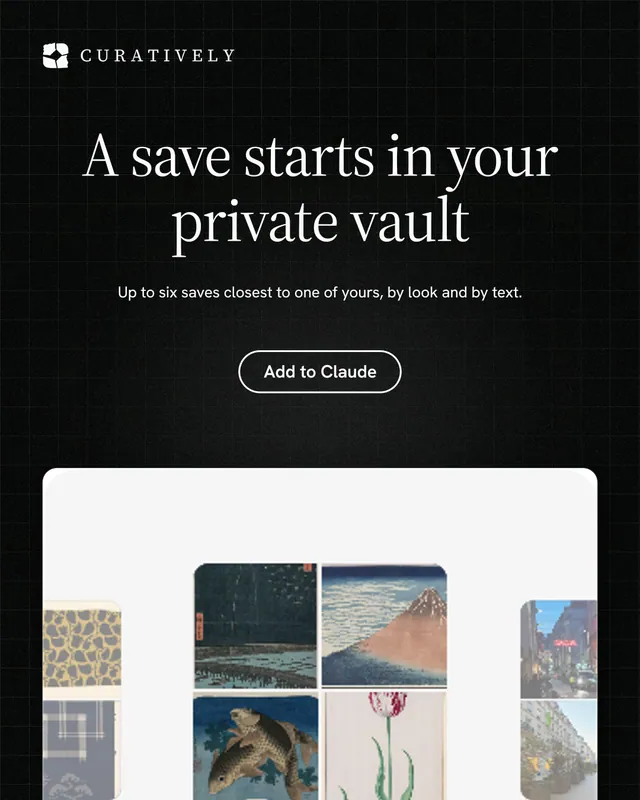 Instagram portrait post for Curatively: "A save starts in your private vault". Phosphor atlas style, centred layout, dark palette in white, black, grey.