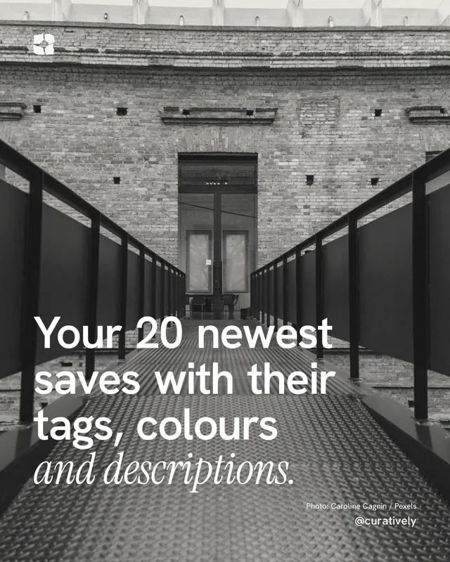 Instagram portrait post for Curatively: "Your 20 newest saves with their tags, colours and descriptions." Duotone style, technique:pexels ingredient layout, light palette in black, grey.