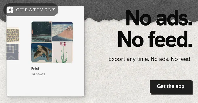 Social ad for Curatively: "No ads. No feed." Paper trio style, right layout, light palette in white, grey.