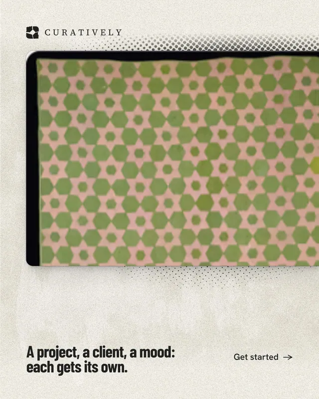 Instagram portrait post for Curatively: "A project, a client, a mood: each gets its own." Ink sticker style, image led layout, light palette in yellow, orange.