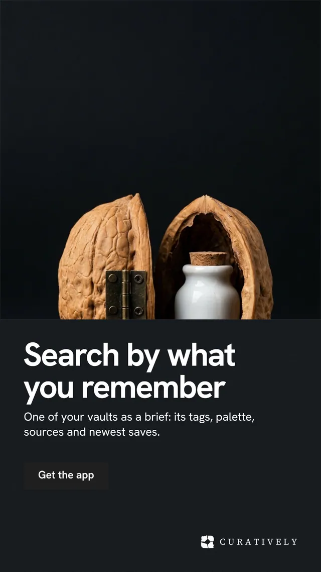 Instagram story for Curatively: "Search by what you remember". Swiss style, bottom layout, dark palette in black, grey.