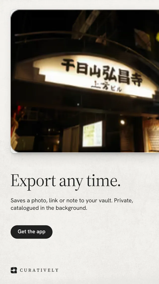 Instagram story for Curatively: "Export any time." Data card style, bottom layout, light palette in black, white, grey.