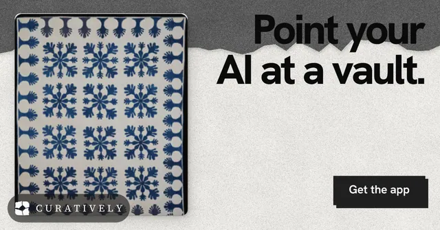 Social ad for Curatively: "Point your AI at a vault." Paper trio style, right layout, light palette in white, grey.