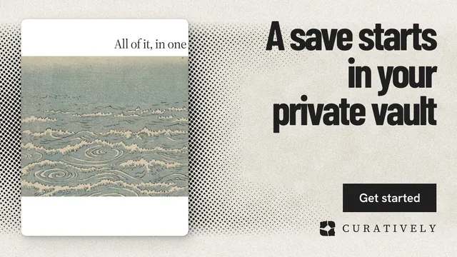 Landscape graphic for Curatively: "A save starts in your private vault". Ink sticker style, right layout, light palette in white, grey.