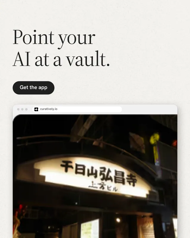 Instagram portrait post for Curatively: "Point your AI at a vault." Data card style, browser layout, light palette in white, black, grey.
