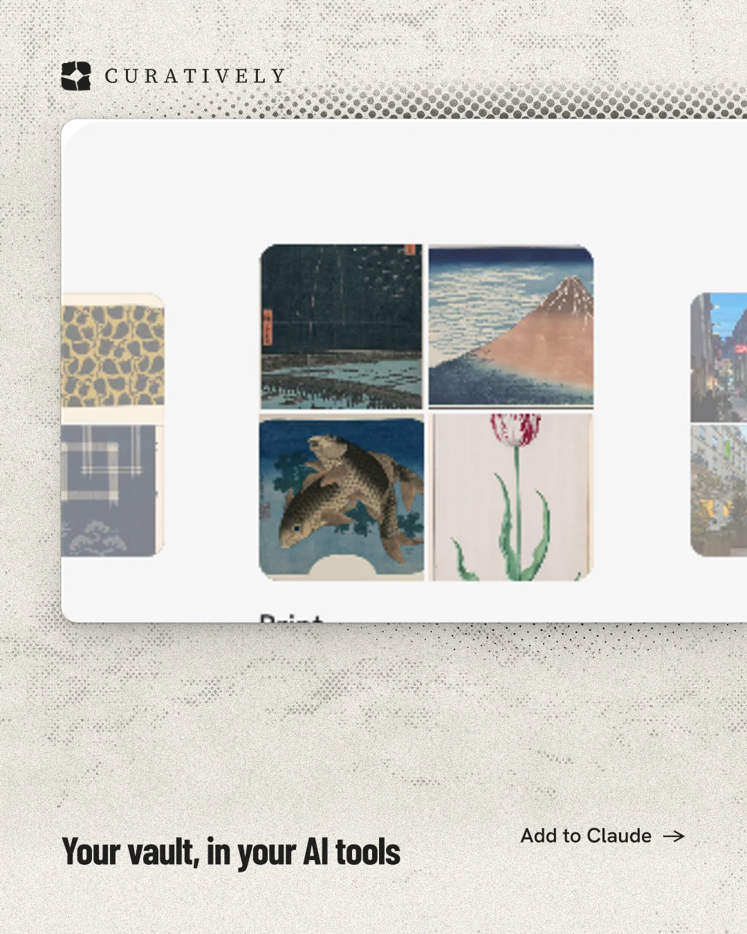 Instagram portrait post for Curatively: "Your vault, in your AI tools". Ink sticker style, image led layout, light palette in white, yellow, grey.